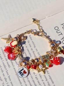 1 pieza Pulsera con dije de dados con estrella y niña, 1 pieza Pulsera gótica oscura con cabeza de demonio de cereza, 1 pieza Pulsera con eslogan de autoamor, 1 pieza Pulsera ajustable con labios rojos Y2K DIY