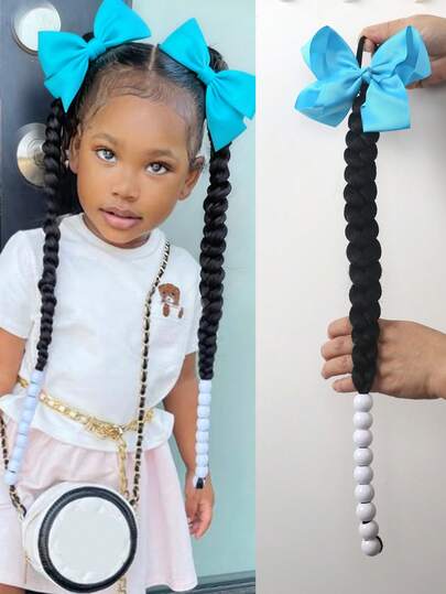  1pc Kids Detachable Hair Extension With Beads Colorful Bow Twisted Hair Kid Ponytail Synthetic Braids Ponytail For Kids