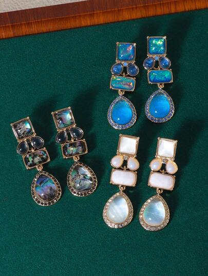 1 Pair Vintage Gemstone Teardrop Metal & Resin Rhinestone Exaggerated Earrings, Suitable For Daily Wear