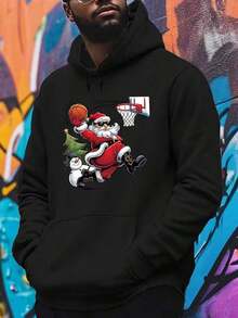 Hombre santa basketball sudadera con capucha - sudadera casual con bolsillo canguro, manga larga, mezcla de poliéster - perfecto para otoño-invierno - Negro - Ver 6