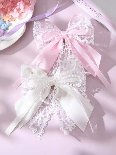 1pc Girls Pearl Net Woven Bow Hair Clip, Suitable For Daily Decoration