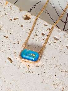 1pc Fashionable Candy-Colored Natural Stone Rectangle-Shaped Simple Short Necklace, Daily Wear - Gold - View 15
