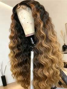 250 Density Highlight Brown Ombre Colored Deep Wave High Density 13X4 HD Transparent Lace Front Wig Deep Curly Brown Colored Remy Lace Frontal Human Hair Wigs Knots Bleached Pre Plucked With Baby Hair Wavy Loose Deep Wave Glueeless Wigs - Bắt nguồn từ & Ombre - Xem 2