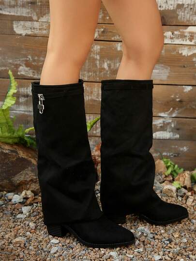 Women's Pointed Toe Thick Heel Wedge Sexy Pants Style Boots, Retro Over-The-Knee High Boots,Match Leggings