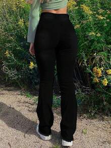 Women's Mid-Rise Flare Jeans - Stretchy Distressed Denim Jeans, Classic Washed Solid Color Retro Style, Casual Everyday Wear - Black - View 3