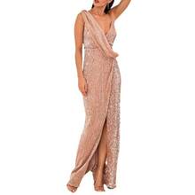 European And American New Style Dress Sexy Slit V-Neck One-Shoulder Sequin Party Evening Dress For Women - Vàng - Xem 5
