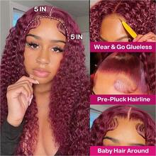 ownvmor 99j Burgundy Lace Front Wigs Human Hair 20 Inch Deep Wave Lace Front Wigs Human Hair Pre Plucked Red Curly Human Hair Wig 5x5 HD Colored Frontal Wet And Wavy Loose Deep Wave - 酒紅色 - 查看 6