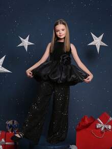 Tween Girl 2 Pieces Sleeveless 3D Floral Tulle Party Dress Set, Suitable For Girls Birthday Party, Wedding, Bridesmaid, Holiday Celebration - Black - View 4