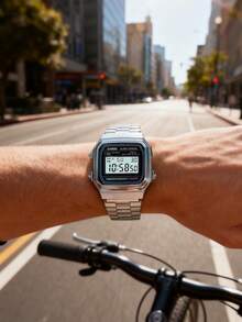 Unisex Retro Stainless Steel Band Square Dial Digital Watch With Calendar, Alarm And Stopwatch Functions, Waterproof, Suitable For Daily Wear A158WA-1 - Black - View 6