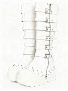 Women's Y2K Style Black Metal Punk Combination Long Boots Cool Platform Height-Enhancing Knee-High Botines Zipper Buckle Leggings Botas, Christmas And Halloween Style Boots - 白色 - 查看 11