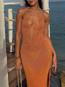 优雅女士时尚低胸修身针织连衣裙，沙滩罩衫，纯色性感时尚春夏连衣裙，海滩度假装，秋季连衣裙，秋冬长款派对连衣裙，适合圣诞节、感恩节和新年等场合 - 橘色 - 查看 6