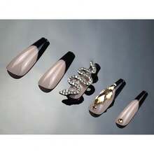 Black Long Coffin Press On Nails For Women, Black French Tip Fake Nails With Bling Snake Rhinestone Design, Manicure 24 Pcs (12 Sizes){Inchcolorinch:InchBlack Snakeinch} - Rắn đen - Xem 7