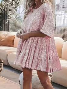 女士亮片装饰圆领七分袖宽松娃娃裙粉色夏季优雅 - 粉色 - 查看 4