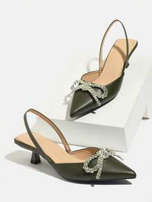 Giày cao gót hở mũi đính nơ đính đá cho nữ, kiểu dáng kitten heel thanh lịch và thoải mái, thích hợp cho các bữa tiệc trang trọng, đám cưới, dạ tiệc mùa thu/đông, màu xanh ô liu, trang phục dự tiệc - xanh quân đội - Xem 6