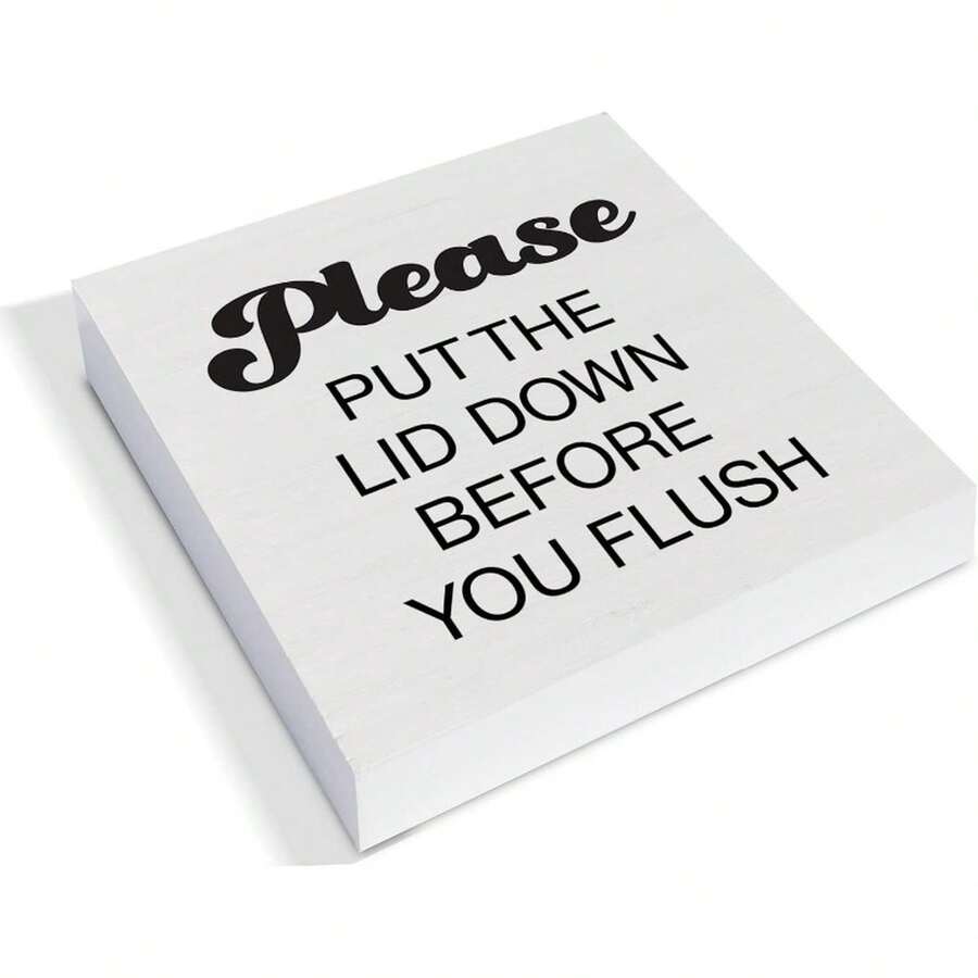 1PC Fun Bathroom Sign "Please Put The Toilet Lid Down Before Flushing" - A Humorous Decorative Piece For A Faux Wood Toilet Seat With A Lid-Down Reminder. Classic Black And White Box-Style Bathroom Sign Suitable For Home, Guest Bathrooms, Or Shower Rooms (5x5x1.6 Inches) - Easy-To-Install Hanging Holes. - 白色 - 查看 1
