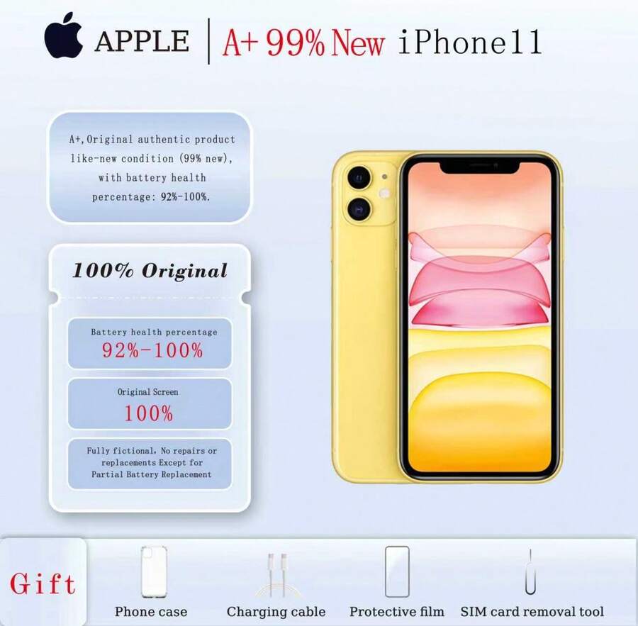 Apple A+، iPhone11 مستعمل، منتج أصلي أصيل بحالة جديدة تمامًا (99% جديد) مع نسبة صحة البطارية: 90%-100%؛ شاشة أصلية - أصفر - مشاهدة 1
