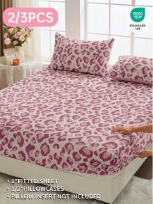 2/3-teiliges Spannbetttuch Set, Bettwäsche, Matratzenschoner, Bettüberwurf, Bettlaken, Heimdekoration, gemütliche Heimtextilien, atmungsaktiver und pillingresistenter Matratzenschoner, weich und hautfreundlich, weiche und bequeme Bettwäsche für das Schlafzimmer, modischer Matratzenbezug, komplett abdeckender Matratzenschoner, rosa Basis mit Leoparden-Muster