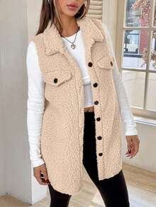 Chaleco sin mangas minimalista para mujer, con cuello de piel sintética cálida de color caqui, nuevo para otoño/invierno, de corte holgado, largo medio y abrigo aislante, ideal para combinar con tops de manga larga y leggings. - Albaricoque - Ver 4