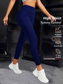 Women's High Waist Tummy Control Yoga Pants With Pockets - Seamless Shapewear Leggings For Workout, Gym, Running And Everyday Wear Spring - Navy Blue - View 4
