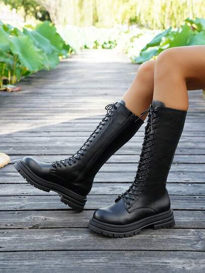 女士中筒靴，系带长靴，带拉链，尺码 35-43，骑士靴，靴子，过膝长靴，女士机车靴，秋冬款