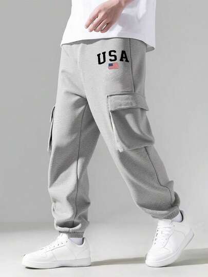 1pc Tween Boy Thick Thermal Lined Letter Print Casual Pants, Fashion Outdoor Cargo Trousers With Large Pockets, Comfortable For Autumn/Winter