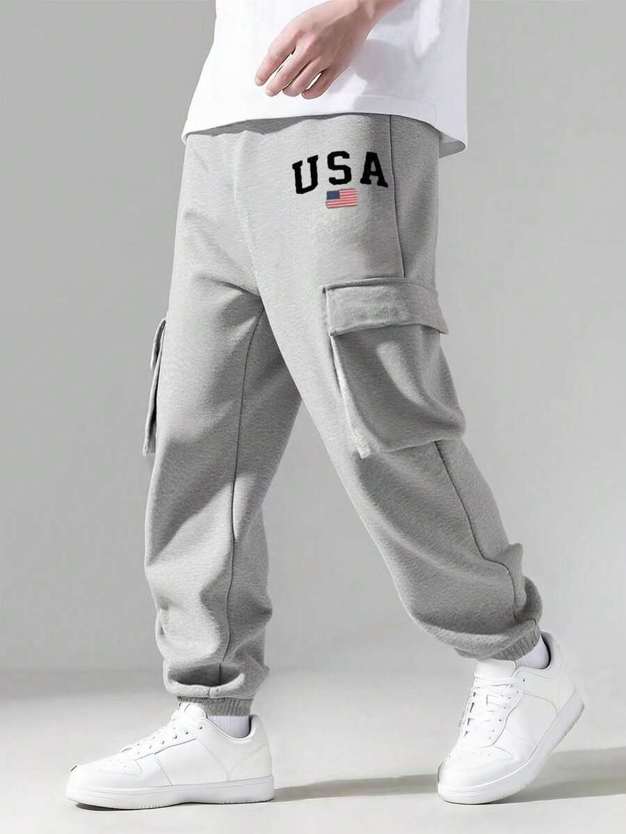 1pc Tween Boy Thick Thermal Lined Letter Print Casual Pants, Fashion Outdoor Cargo Trousers With Large Pockets, Comfortable For Autumn/Winter - Grey - View 1