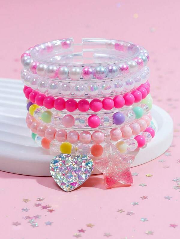 6pcs/Set Girls' Heart & Star Pendant Bracelet Set, Colorful Beaded Charm Jewelry Bracelet, Suitable For Girls' Party Gifts, Random Color