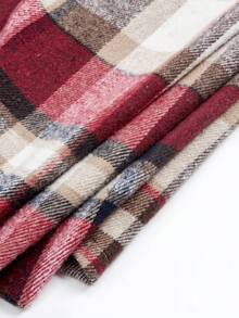 格子印花休闲长袖衬衫，秋冬女式短袖外套 - 紅色 - 查看 4