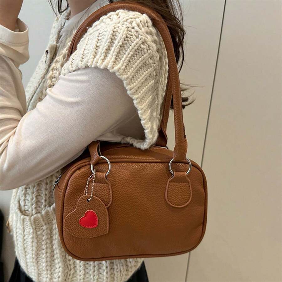 Polyurethane Shoulder Bag for Women Cute Handbag with Heart Shaped Tag for Everyday Use - Marrón claro - Ver 1