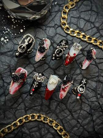 10pcs/Set Handmade Almond-Shaped Y2K Baddie Style Press-On Nails, Black, White, Red Colors With French Tips, Asymmetrical Liquid Metal Patterns, Black ROSE, Beads, Iridescent Bubbles, Star Designs, Suitable For Women & Girls, Party, Daily Wear, Includes Tool Kit, Great Gift For Her