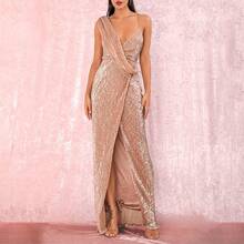 European And American New Style Dress Sexy Slit V-Neck One-Shoulder Sequin Party Evening Dress For Women - Vàng - Xem 6