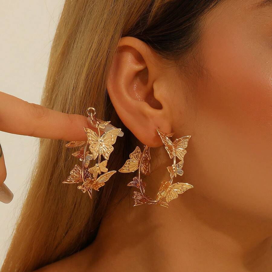 Personalized And Creative Large Circle Butterfly Animal C-Shaped Earrings Fringed Women's Explosive Earrings Earrings - 金色 - 查看 1