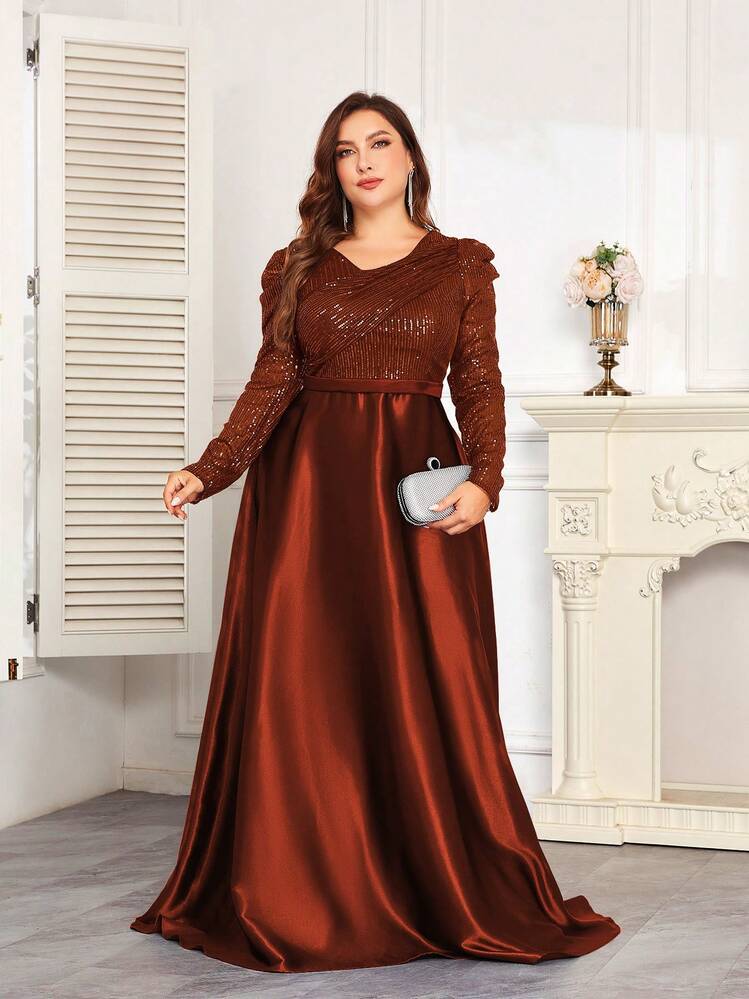 hezixi فستان ماكسي فاخر وأنيق بتصميم ذيل حورية البحر، قطعة واحدة بأكمام منتفخة وياقة على شكل حرف V مرصع بالترتر، مناسب للحفلات والتخرج والزفاف والمناسبات الرسمية، يعزز الجاذبية الأنثوية (إصدار فاخر) - بني مصدي - مشاهدة 5