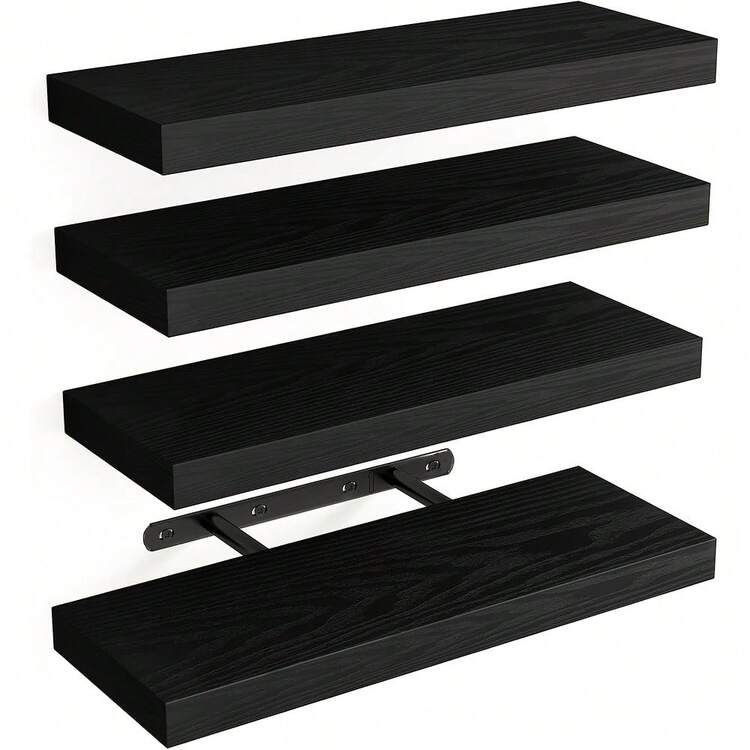 Senmeo Rustic 4pc Floating Shelves (Natural Wood Finish), Handcrafted + Invisible Brackets For Home - Black - View 11