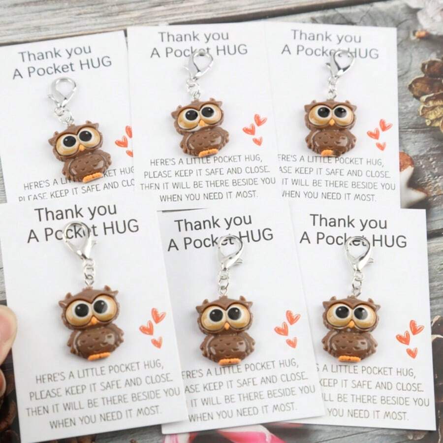 6件套可爱树脂猫头鹰雕像钥匙扣套装，包含励志双语贺卡，送给家人朋友的祝福礼物，教师节大礼，圣诞节装饰配件 - 彩色 - 查看 1