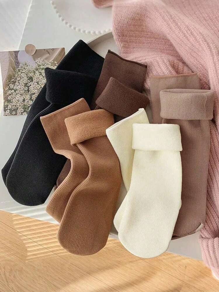 5 Pairs Women's Solid Color Thick Warm Casual Crew Socks For Indoor Wear, Winter - Multicolor - View 8