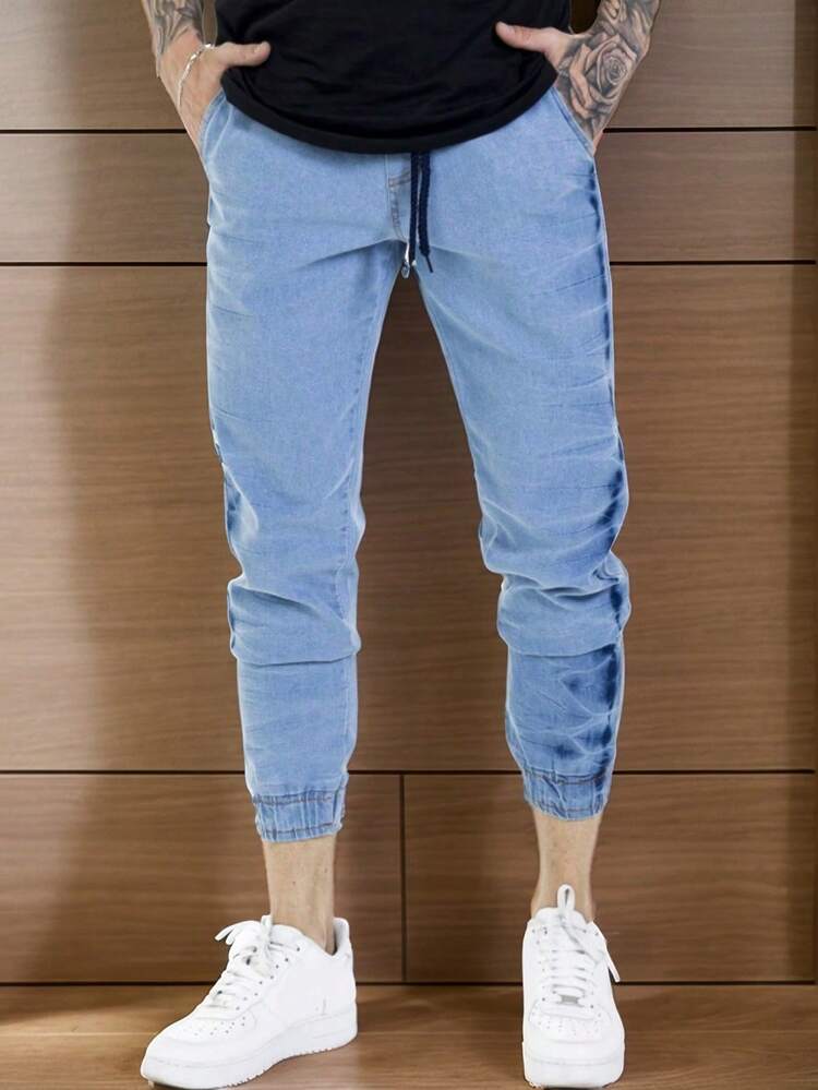 Kit Of 3 Men's Jogger Jeans, Black Twill Jeans, Men's Jogger Pants With Elastic Cuffs - Light Wash - View 3
