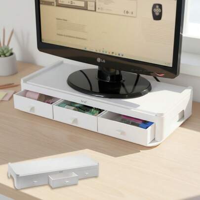 Soporte Notebook Base Monitor Brw Plástico 3 Gaveta Branco
