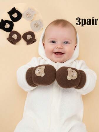 3 Pairs/Set Toddler Boys Plush Knit Gloves, Candy Color Thick Warm Gloves For Autumn/Winter, Cartoon Bear Embroidery Baby Anti-Scratch Mittens