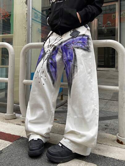 1pc American Street Style Men's Hand-Painted Wide Leg Jeans, Loose Fit Versatile Casual Denim Pants (Belt And Accessories Not Included)