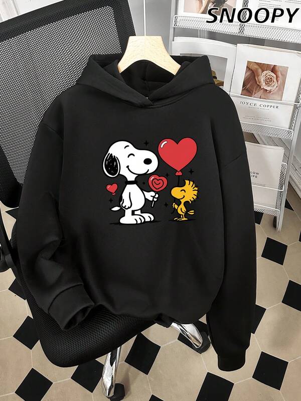 SNOOPY 하트 롤리팝 풍선  프린트 게으른 레저 후드 라운지 탑, 가을 & 겨울