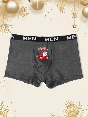 Christmas Men's Simple Fashion Daily Boxer Briefs, Sexy Santa Claus Letter Print Pattern Elastic Waistband Underwear