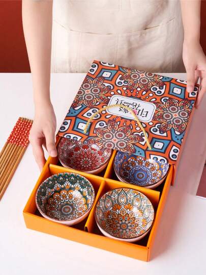 Bohemisk keramikskål, underglasyrmålad risskål, ny förtjockad keramikporslin, kan förpackas i presentask, lämplig för servering av ris, sallad, pasta, desserter, och ett idealiskt val för presenter till familj och vänner, inflyttningsfiranden. Keramiskt porslin, ugn, mikrovågsugn och diskmaskin.