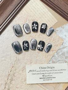 10PCS High-Quality Handmade Giant Black Starry Sky Cat Eye Sparkling Frosted Short Press Nails Suitable For Women's Daily Wear, Parties, And Gatherings. Black Press Nails Come With Jelly Glue And Rubbing Strips As A Gift. [Essential Nails For Autumn And Winter]
