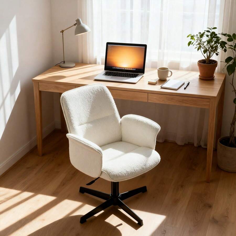 Meubles Cosy 現代辦公椅，採用圈絨面料，彎木框架，高度可調節，360°旋轉，符合人體工學，舒適美觀，聖誕裝飾款，白色，尺寸：62.5 x 59.5 x 81-93 厘米 - 白色 - 查看 1