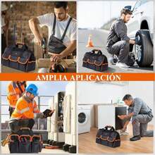 Bolsa de Herramientas Grande de 16 pulgadas para Hombres,Bolsa de Herramientas Resistente al Desgaste e Impermeable,Boca Ancha Superior,Con 14 Bolsillos y Tirantes Ajustables - Negro - Ver 7