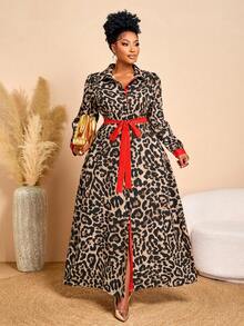 BIUBIU Đầm sơ mi cài cúc phối màu tương phản họa tiết da báo thời trang thu/đông dành cho nữ cỡ lớn, thích hợp mặc hàng ngày, làm đầm mùa đông, trang phục mùa thu, áo khoác mùa đông cho nữ, thanh lịch cho kỳ nghỉ xuân. - Nâu báo - Xem 6