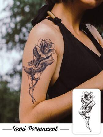 Temporäre Valentinstag Tattoo Aufkleber, die 7-14 Tage halten. Mit einem dunklen ästhetischen Design mit Schlange und Rose, sind diese wasserfesten, schweißfesten, waschbaren und nicht reflektierenden Tattoo Aufkleber perfekt für Einzelpersonen