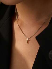1件装配饰 女士休闲百搭简约十字架吊坠项链，金色首饰 - 金黃色 - 查看 2