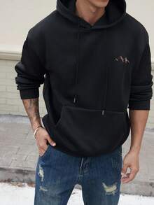 Sudadera con capucha de manga larga con estampado de silueta de montaña, versátil para deportes casuales y viajes, forro térmico para hombre